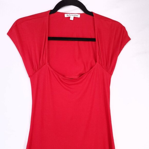 Reformation Harlyn Knit Dress Size Small Midi Leg Slit Cap Sleeve Red Open Back - Picture 9 of 13